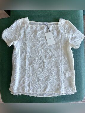 Textured White Fringe Short Sleeve Top by Something Navy